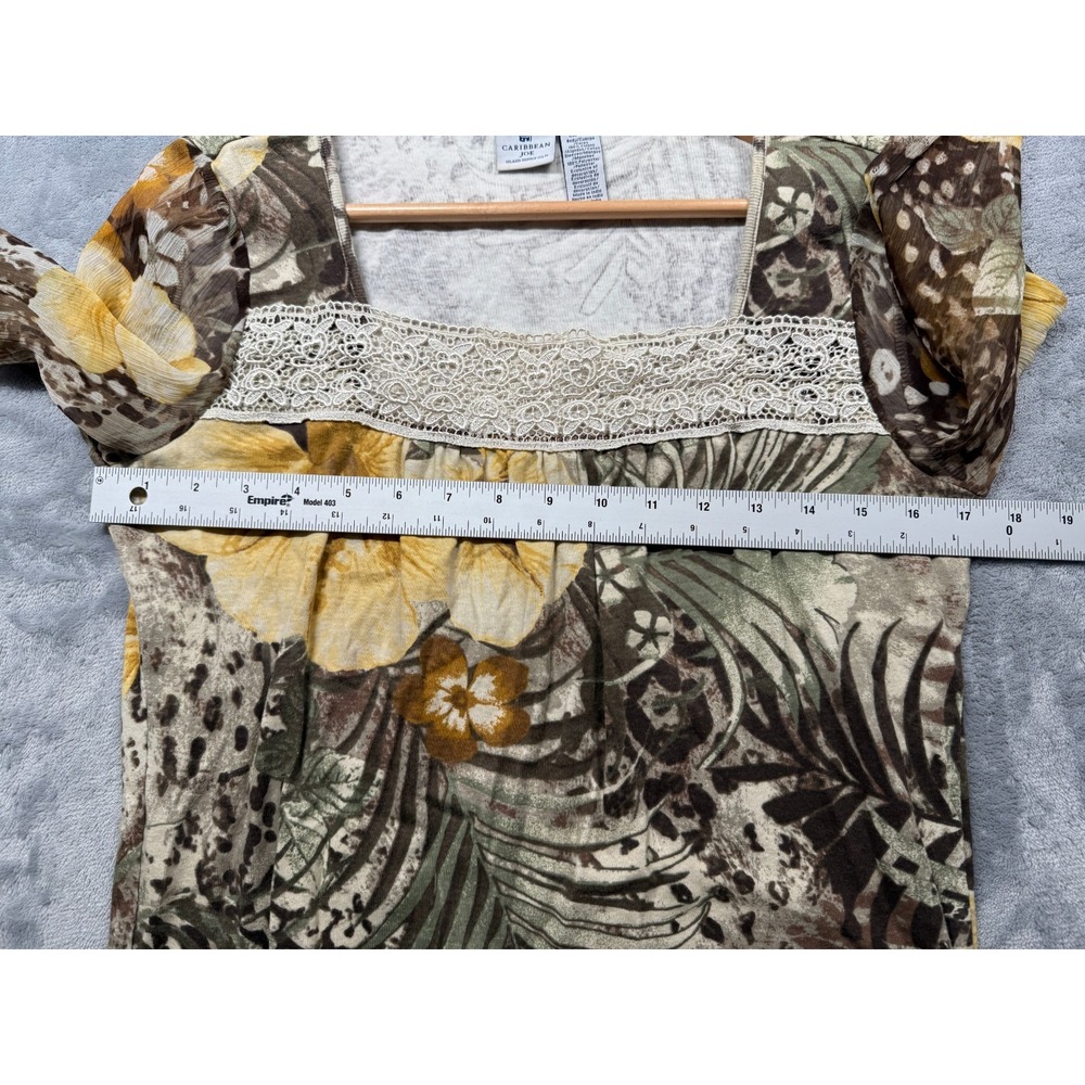 Caribbean Joe Blouse Top Womens Small Green Tropical Print Lace Trim Square Neck - Picture 4 of 5